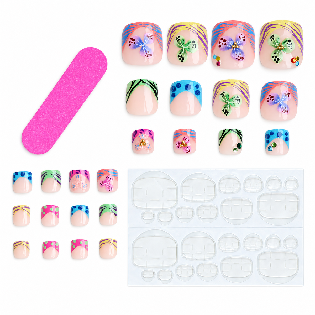 Colorful floral press-on toenail set with 24 toenails