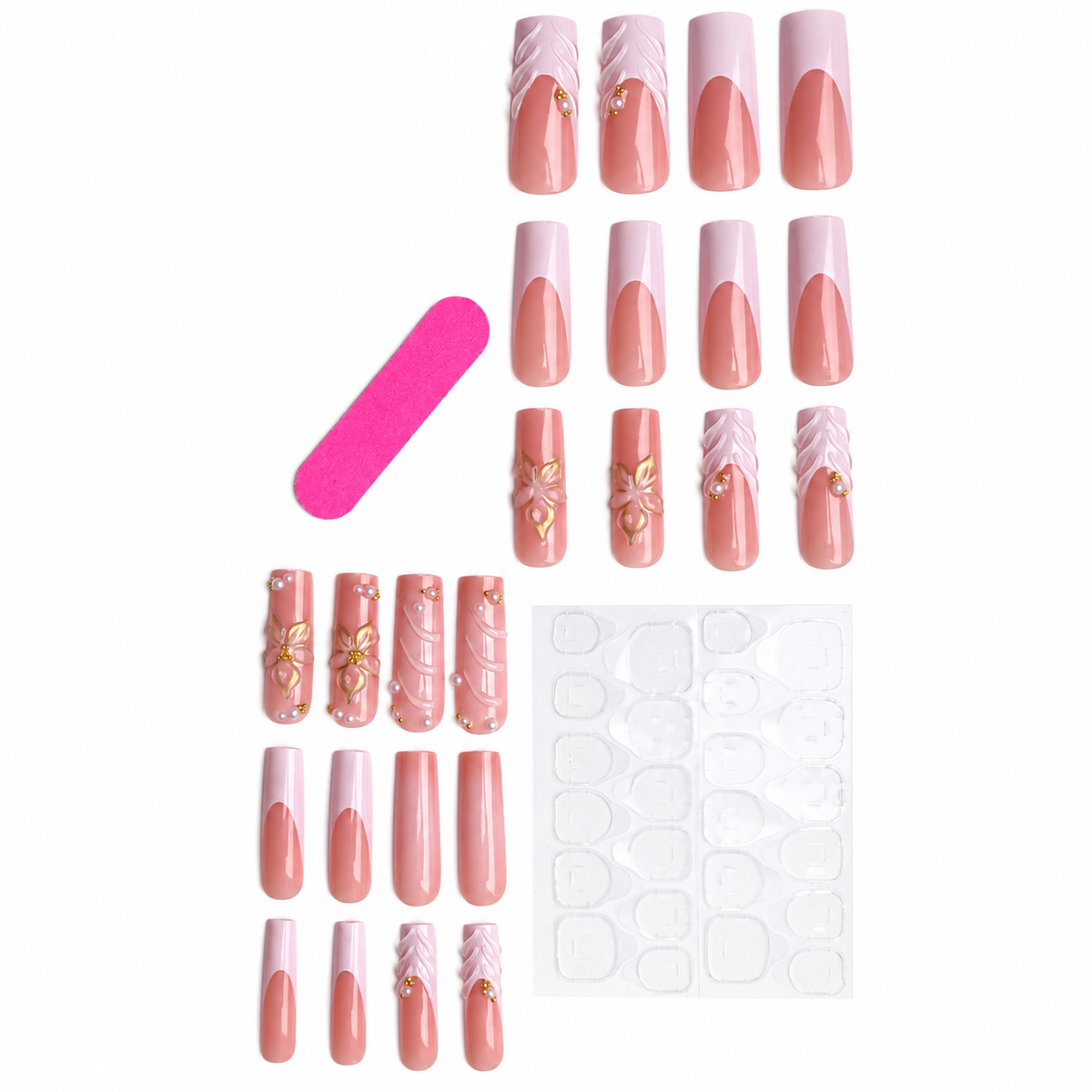 Milky white 3D floral long coffin press-on nail set with 24 nails