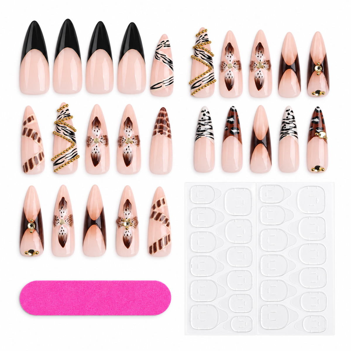 Mocha leopard 3D stiletto press-on nail set with 24 nails, adhesive tabs and nail file
