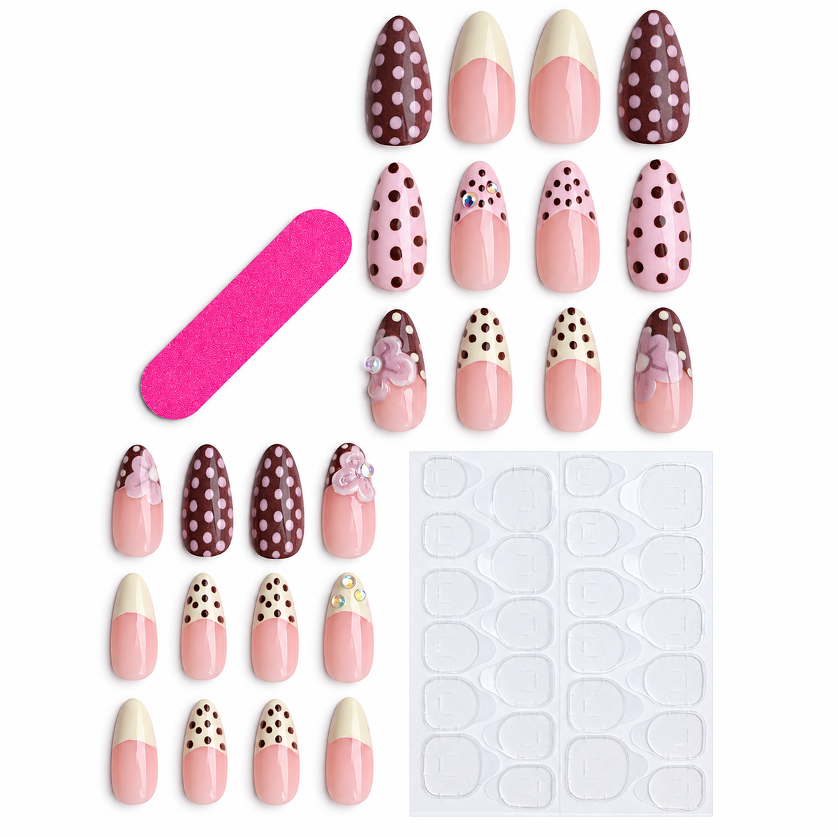 Peach pink floral almond press-on nail set with 24 nails