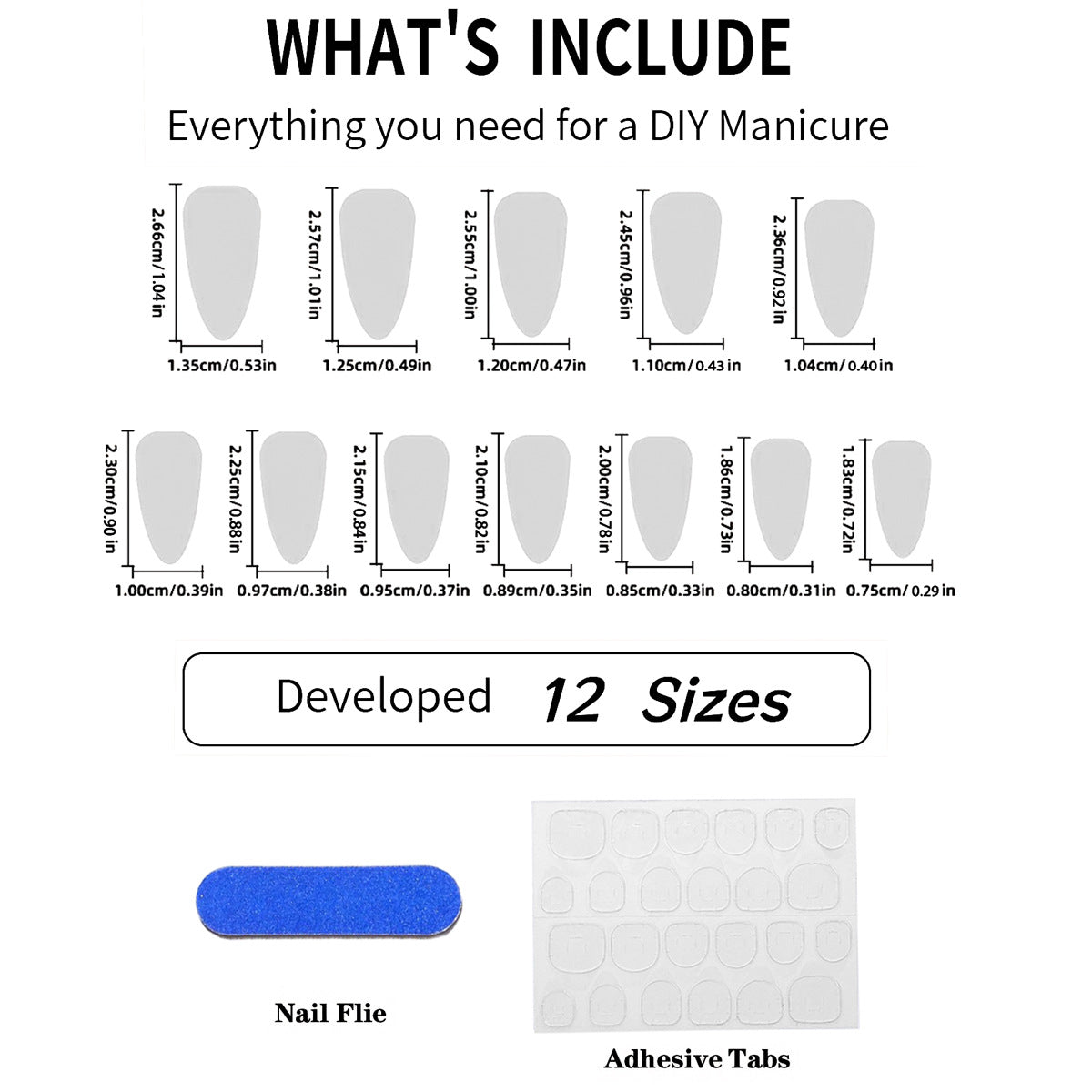 Press-on nail size guide with 12 sizes, adhesive tabs and nail file included
