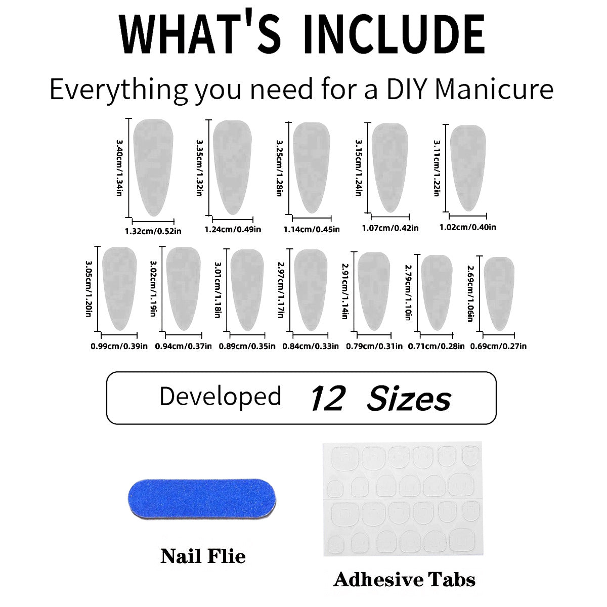 Press-on nail size guide showing 12 sizes, adhesive tabs and nail file included