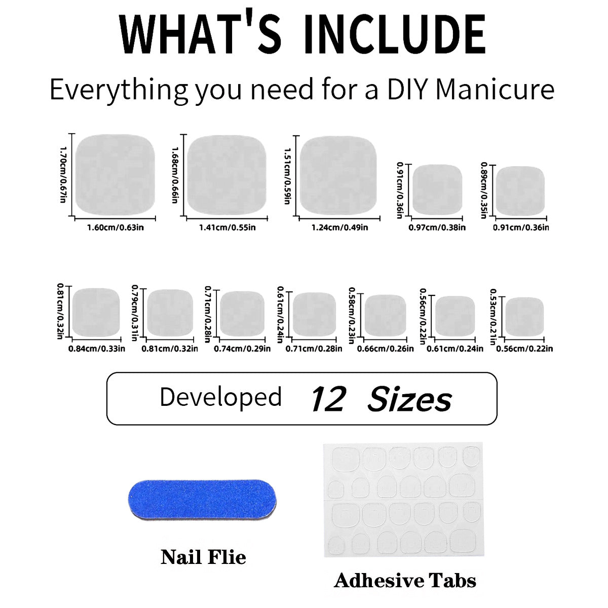 Press-on toenail set with adhesive tabs and nail file included